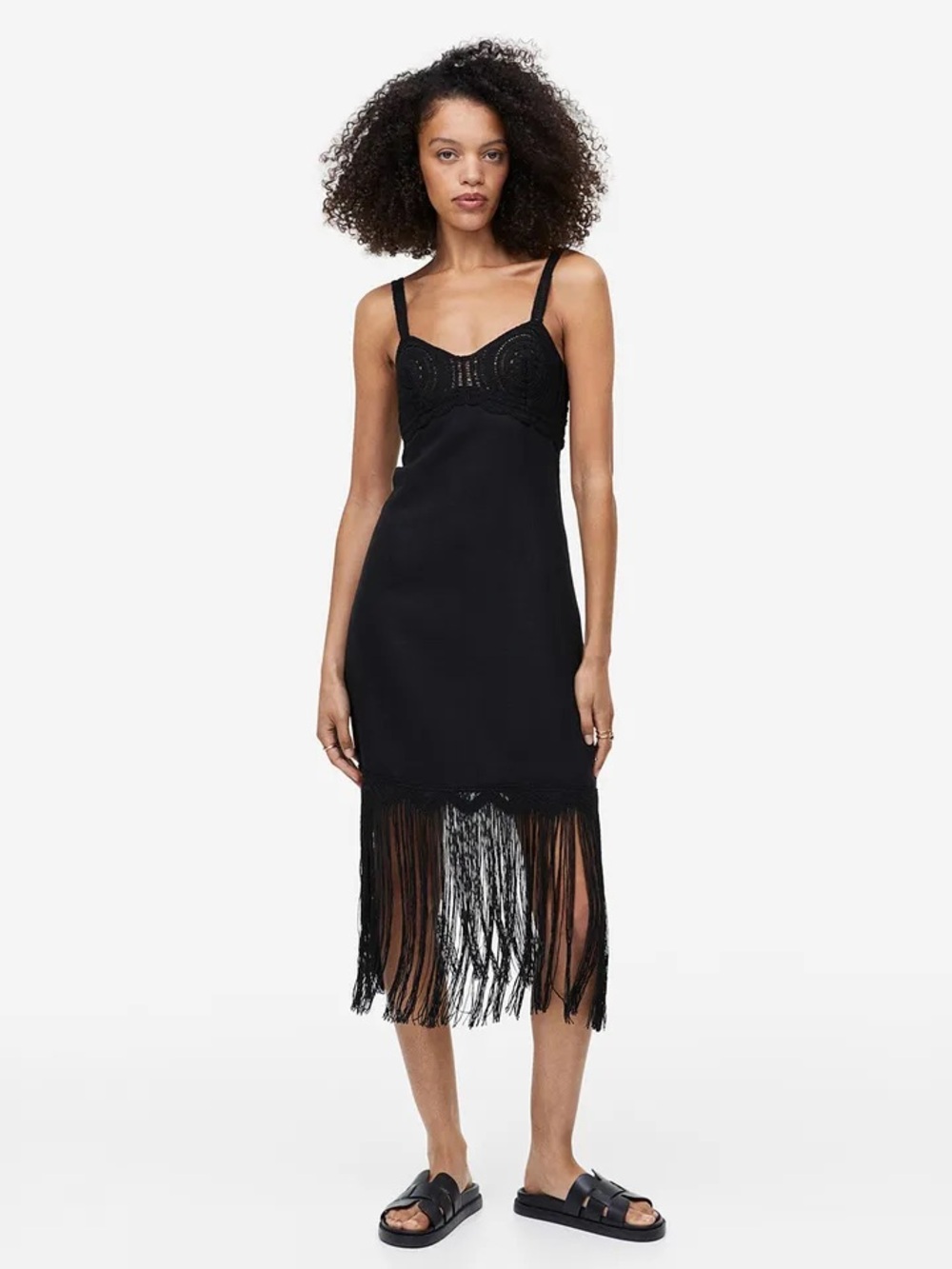 H&M Black Linen Blend Crochet Fringe Slip Dress